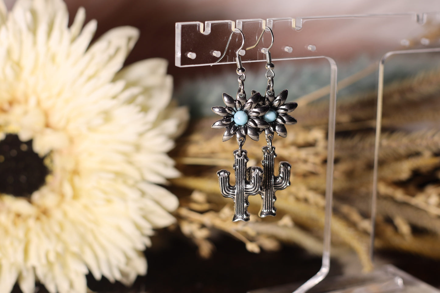 Silver Flower Cactus Earrings