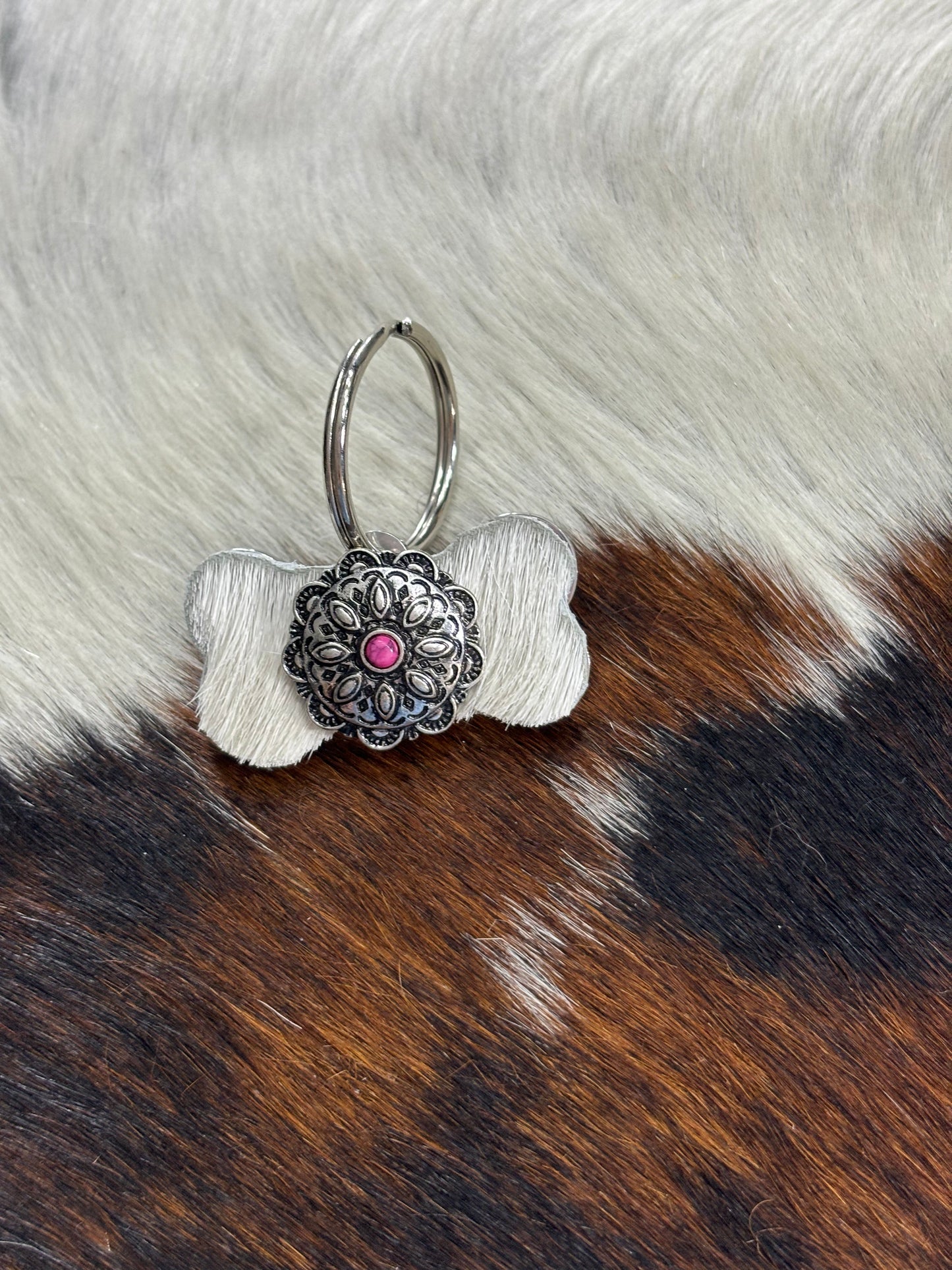 White/pink cowhide dog tag