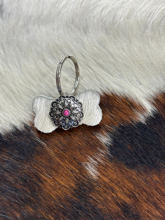 White/pink cowhide dog tag